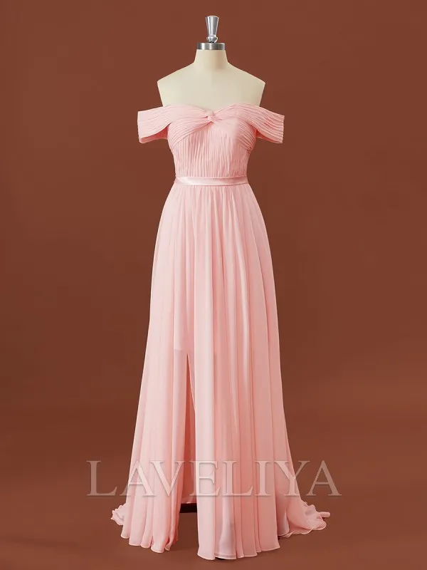 A-line Chiffon Off-the-Shoulder Pleated Sweep Train Bridesmaid Dress  #JMB0066