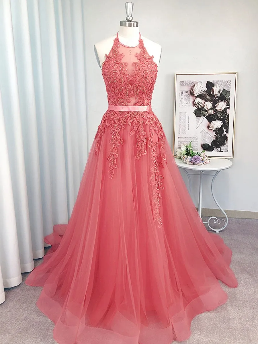 A-line Halter Appliques Lace Sweep Train Tulle Dress