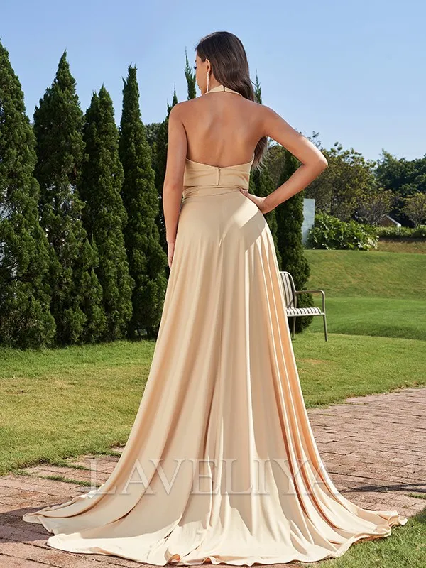 A-line Halter Bow Sweep Train Jersey Bridesmaid Dress  #ZB230079