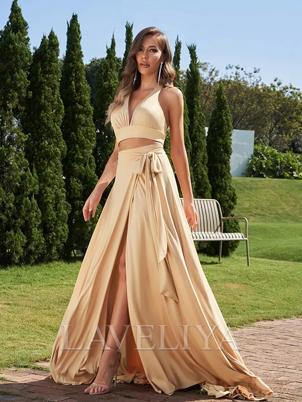 A-line Halter Bow Sweep Train Jersey Bridesmaid Dress  #ZB230079