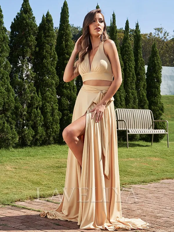 A-line Halter Bow Sweep Train Jersey Bridesmaid Dress  #ZB230079