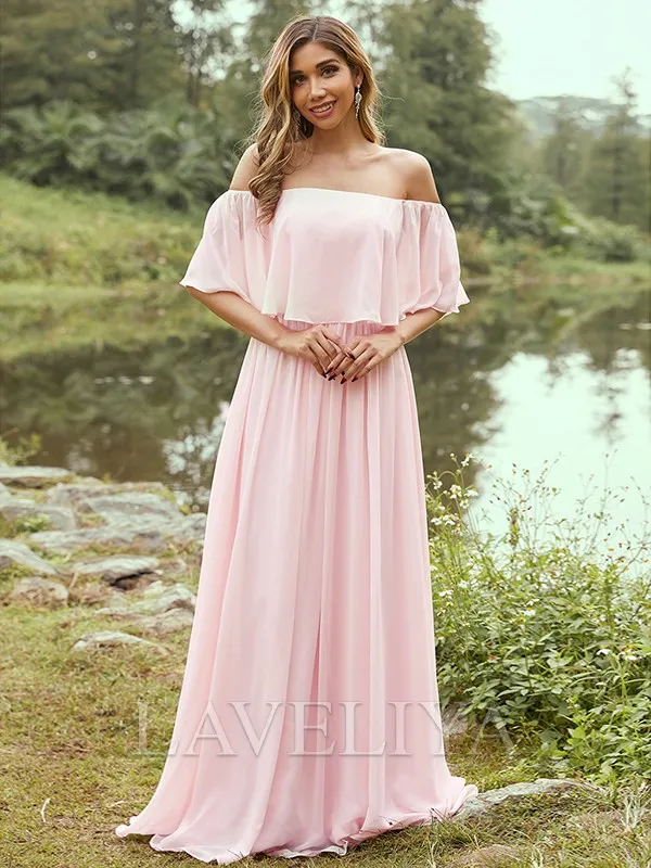 A-line Off-the-Shoulder Short Sleeves Ruffles Sweep Train Chiffon Bridesmaid Dress  #ZB230244