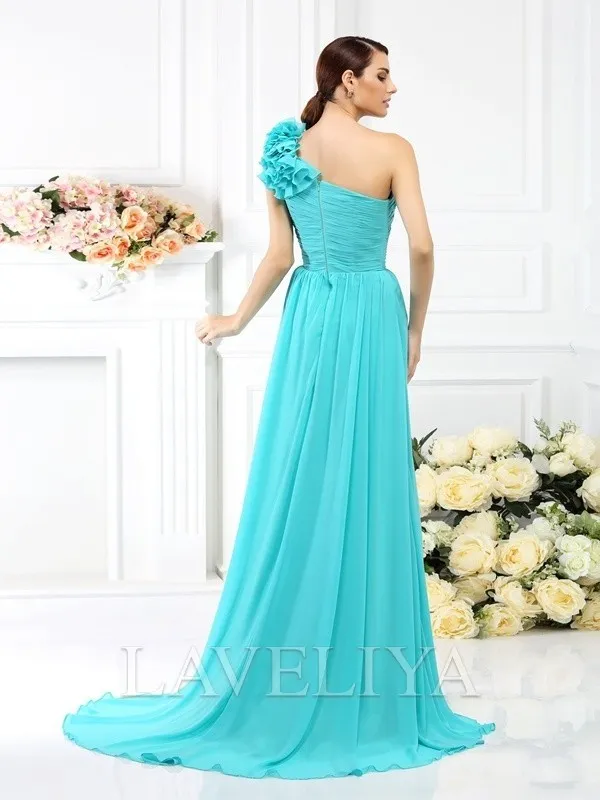 A-line One-Shoulder Pleated Sweep Train Chiffon Bridesmaid Dress  #ZB230207