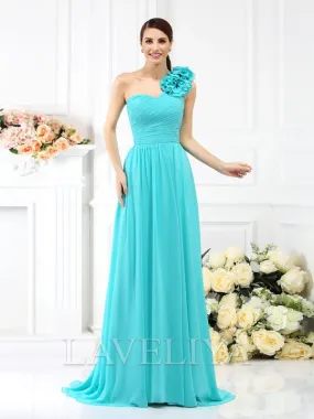 A-line One-Shoulder Pleated Sweep Train Chiffon Bridesmaid Dress  #ZB230207