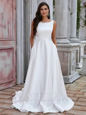 A-line Scoop Sweep Train Satin Wedding Dress  #HW230151