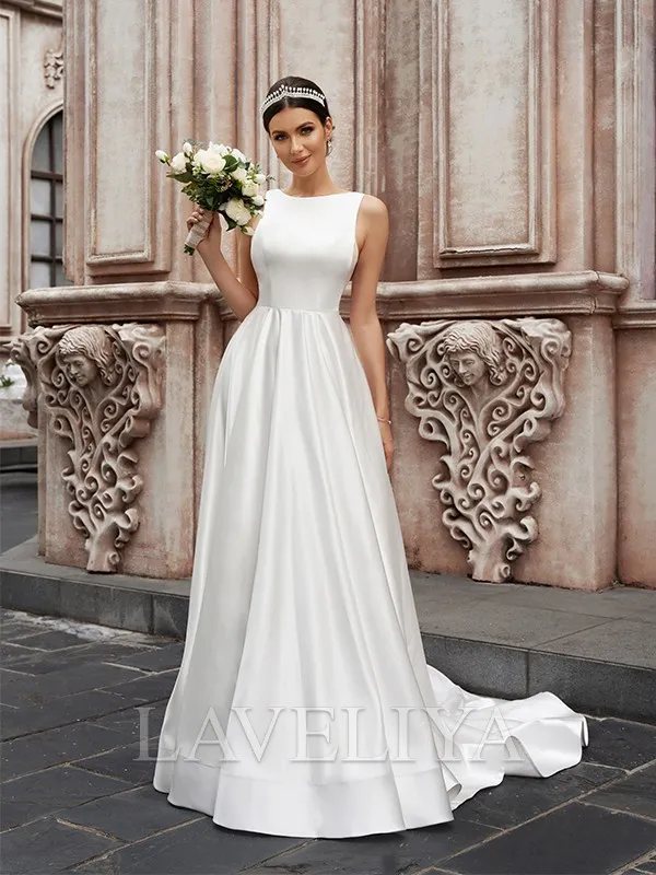 A-line Scoop Sweep Train Satin Wedding Dress  #HW230172