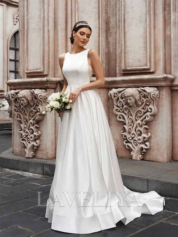 A-line Scoop Sweep Train Satin Wedding Dress  #HW230172