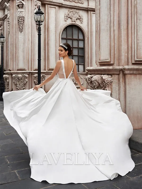 A-line Scoop Sweep Train Satin Wedding Dress  #HW230172