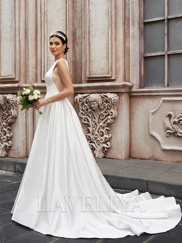 A-line Scoop Sweep Train Satin Wedding Dress  #HW230172