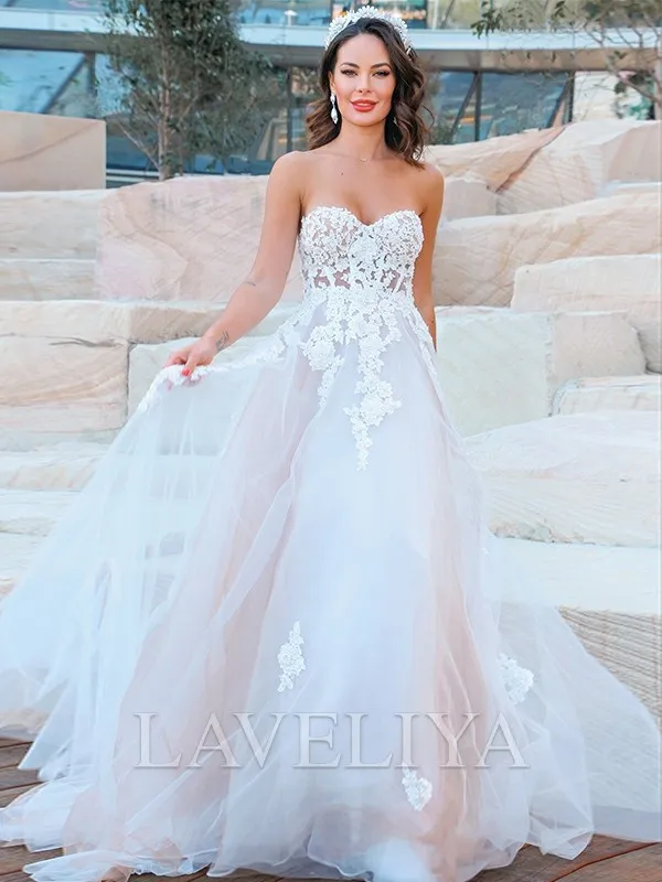 A-line Sweetheart Applique Sweep Train Tulle Wedding Dress  #WHW0022