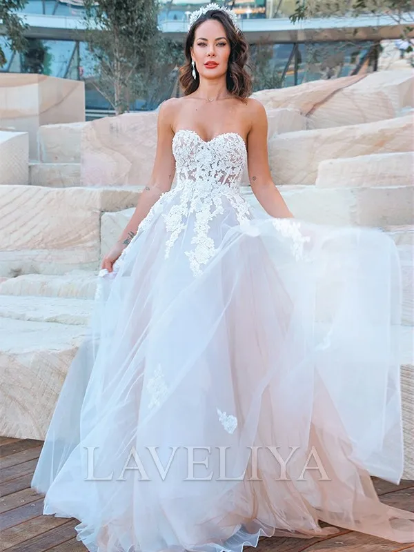 A-line Sweetheart Applique Sweep Train Tulle Wedding Dress  #WHW0022