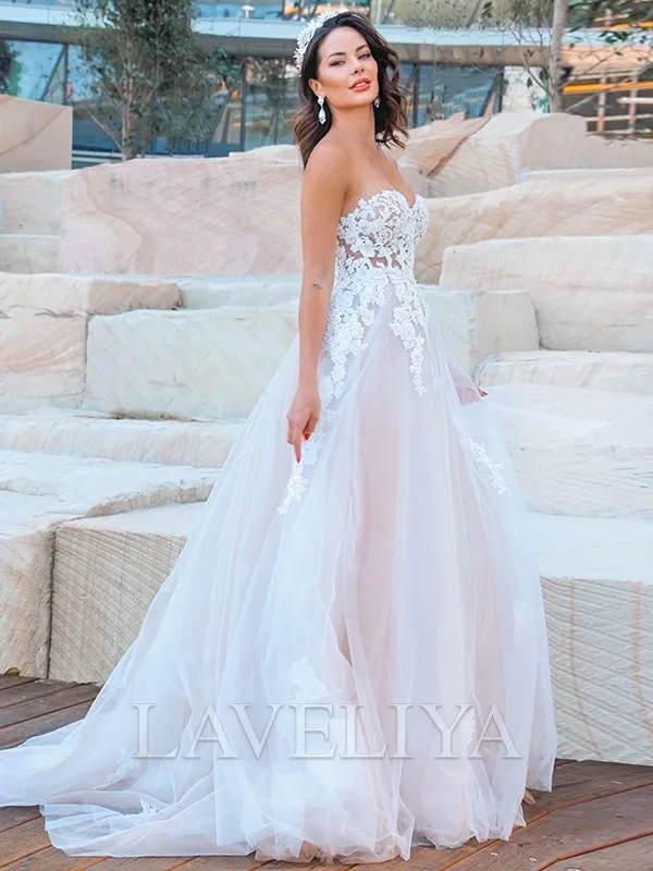 A-line Sweetheart Applique Sweep Train Tulle Wedding Dress  #WHW0022