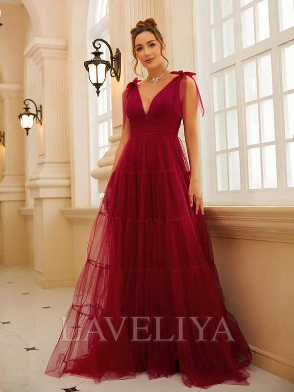 A-line V-neck Ruffles Sweep Train Tulle Dress  #YP230271