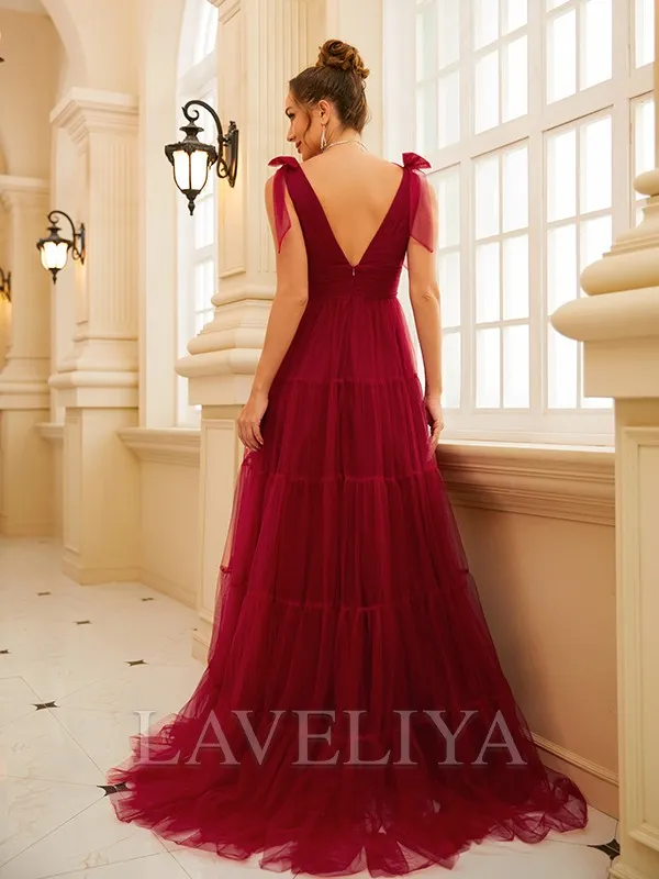 A-line V-neck Ruffles Sweep Train Tulle Dress  #YP230271