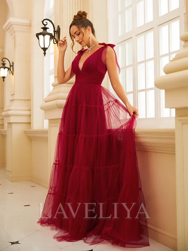 A-line V-neck Ruffles Sweep Train Tulle Dress  #YP230271