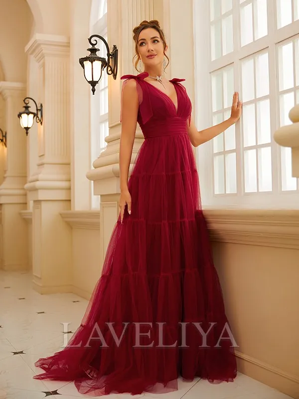 A-line V-neck Ruffles Sweep Train Tulle Dress  #YP230271