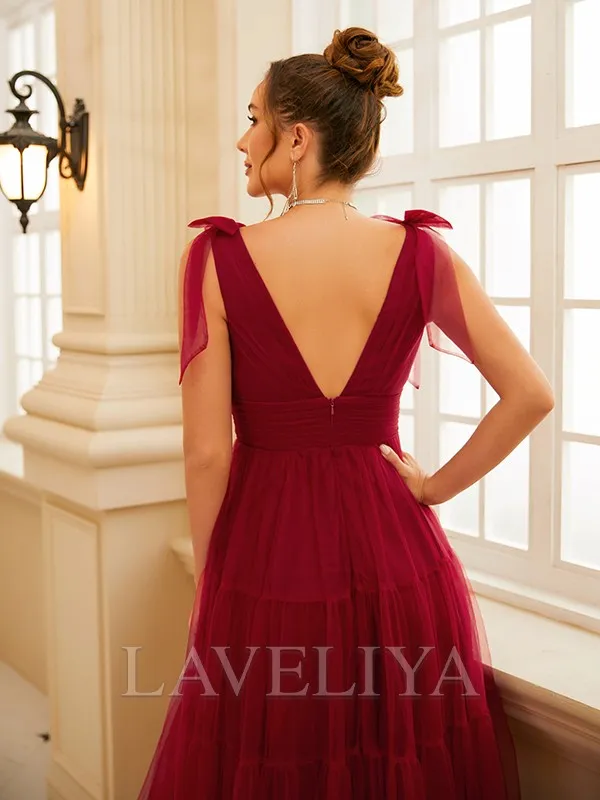 A-line V-neck Ruffles Sweep Train Tulle Dress  #YP230271