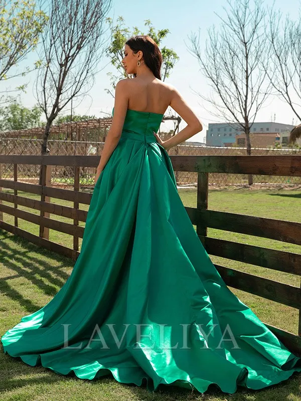 A-line V-neck Sweep Train Satin Dress  #YP230362