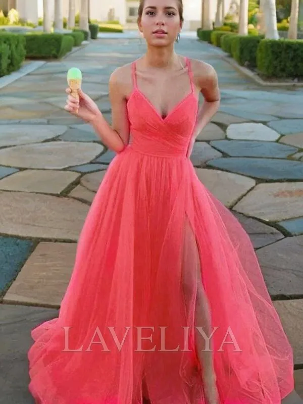 A-line V-neck Sweep Train Tulle Dress  #PE0284