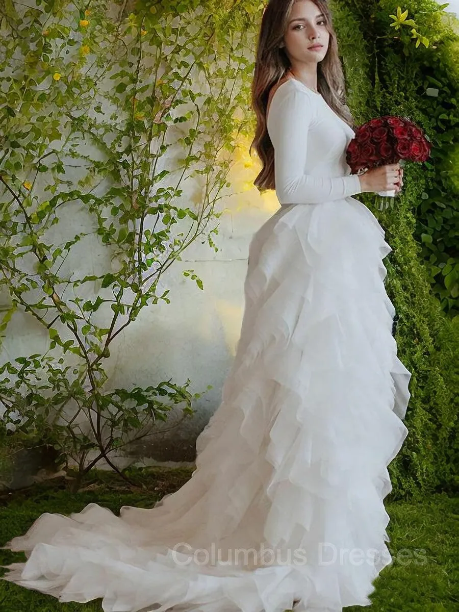 A-Line/Princess Scoop Sweep Train Tulle Wedding Dresses