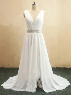 A-Line/Princess V-neck Sweep Train Chiffon Wedding Dresses With Leg Slit