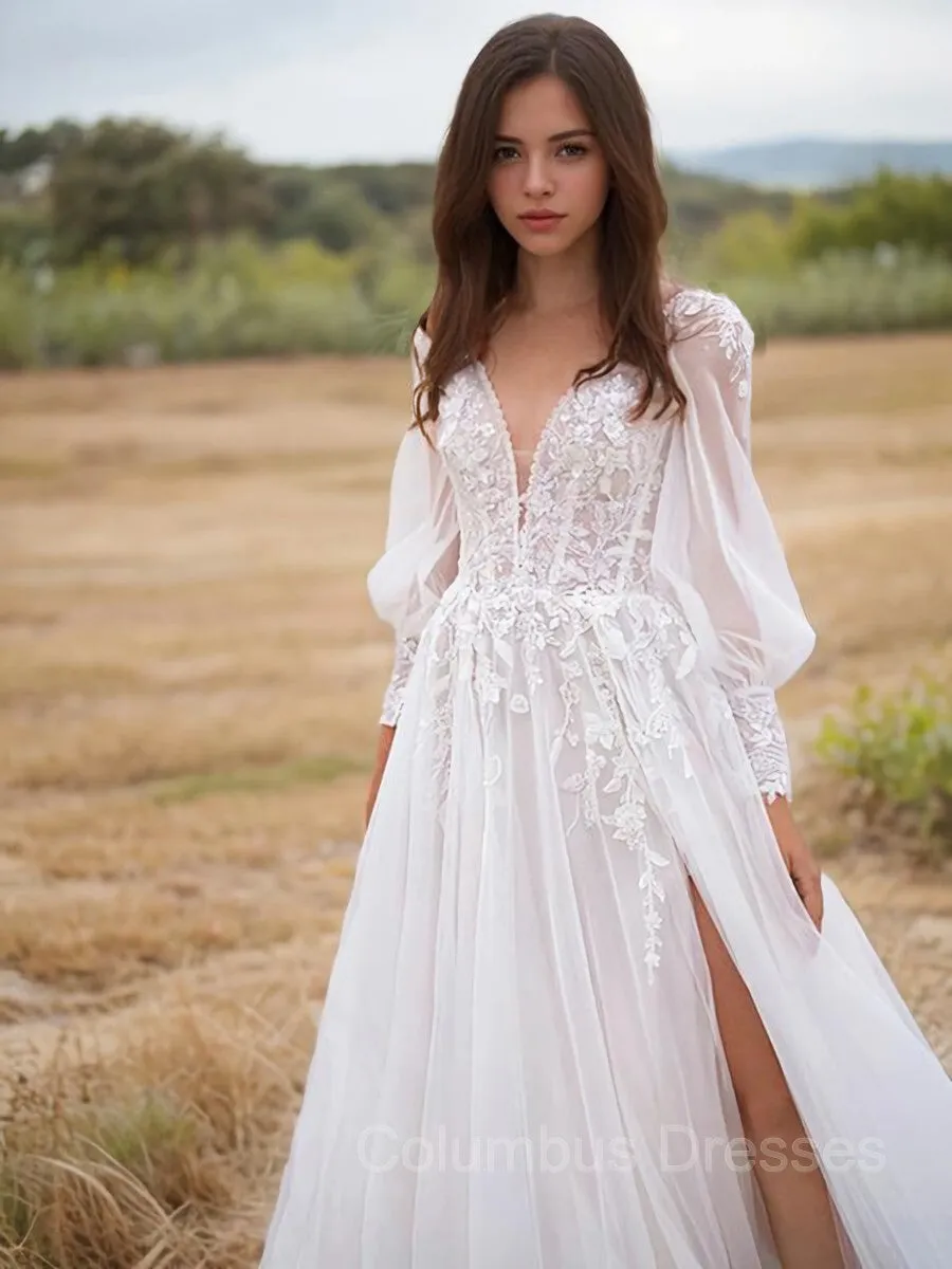 A-Line/Princess V-neck Sweep Train Lace Wedding Dresses With Leg Slit