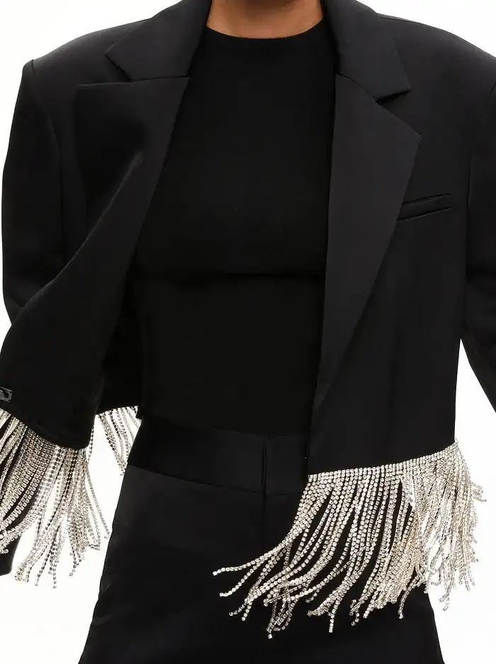 ALICE + OLIVIA Shan Crystal Fringe Blazer in Black