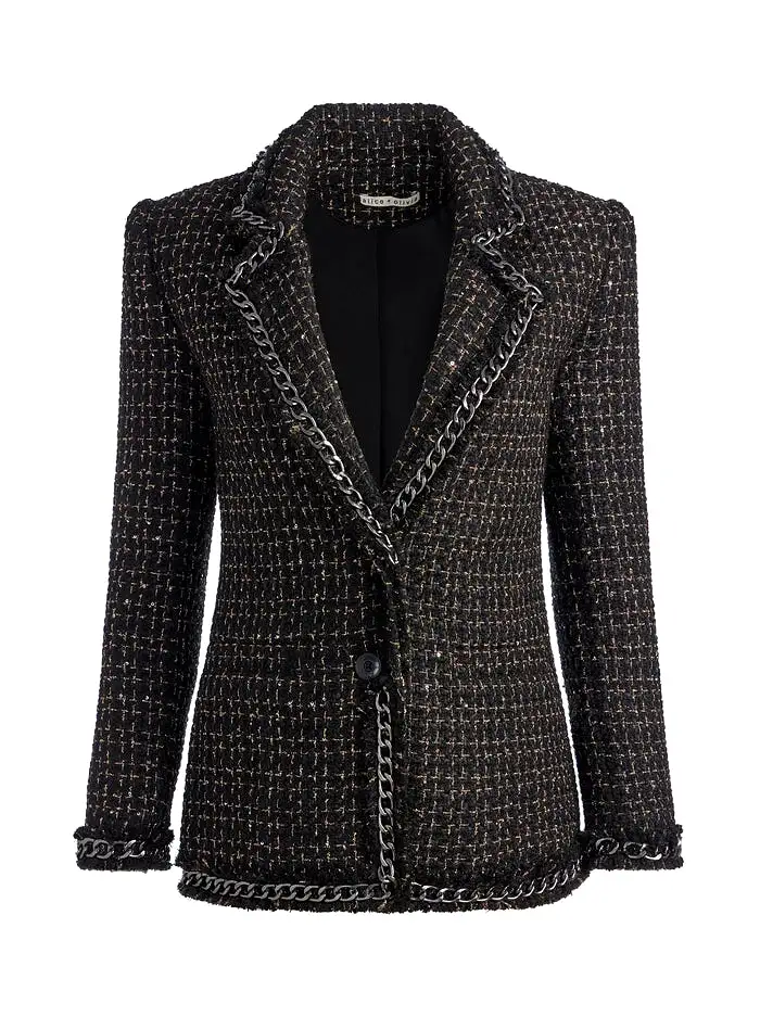 ALICE + OLIVIA Shan Tweed Chain Trim Blazer