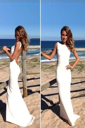 Beach Bateau Neck Sheath Backless Wedding Dress