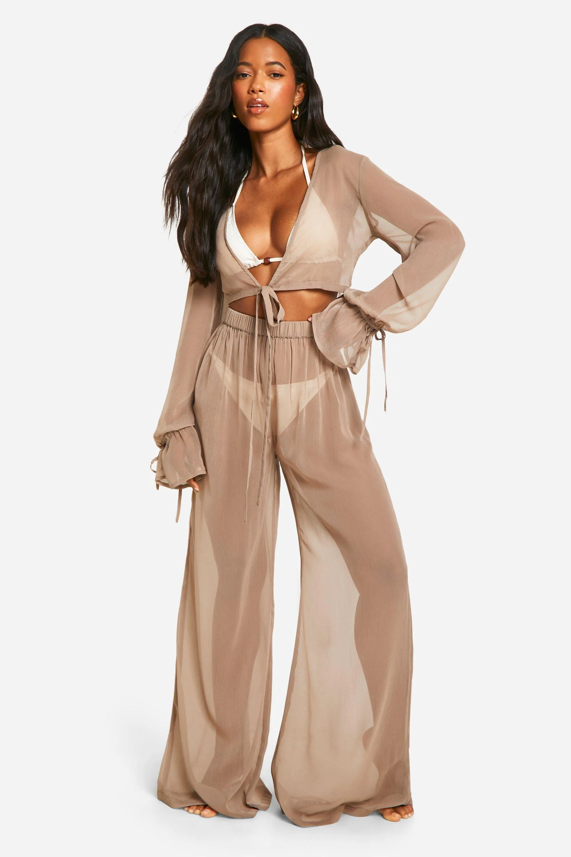 Beachwear | Tie Crop Top And Beach Trouser | boohoo