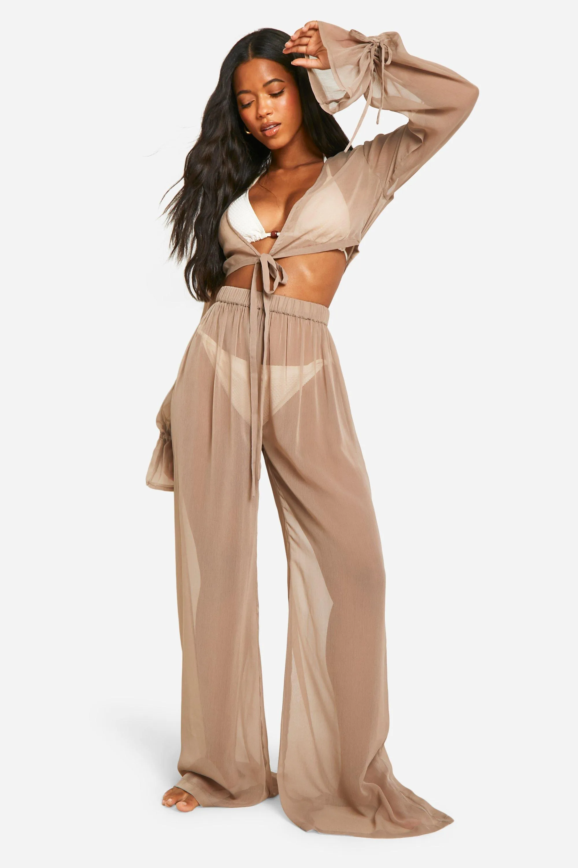 Beachwear | Tie Crop Top And Beach Trouser | boohoo