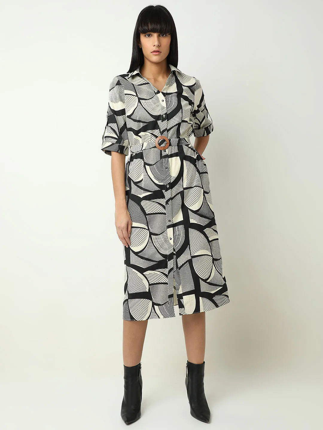 Black Abstract Print Shirt Dress