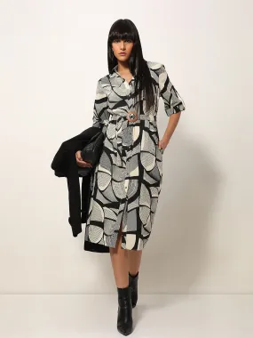 Black Abstract Print Shirt Dress