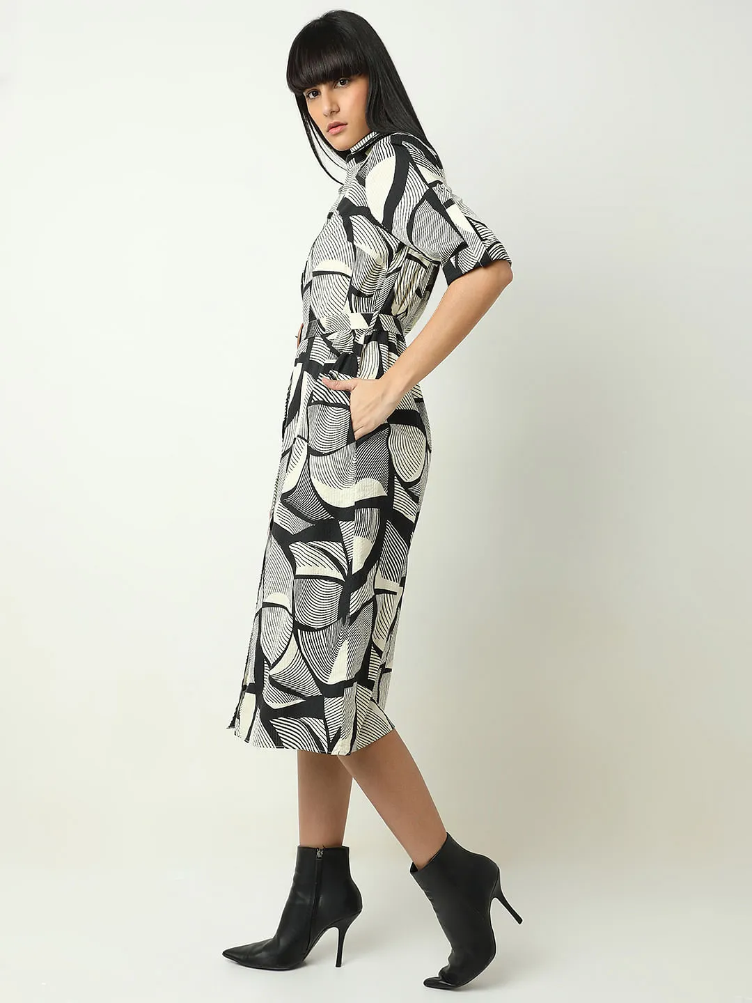 Black Abstract Print Shirt Dress