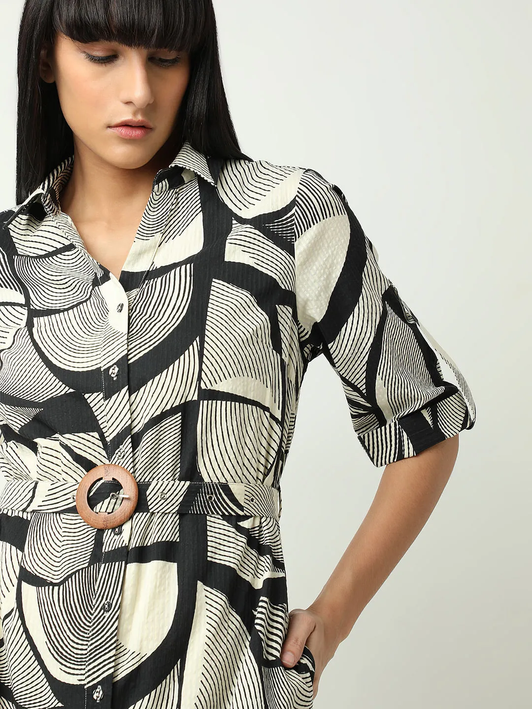 Black Abstract Print Shirt Dress