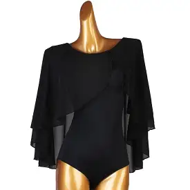 Black Ballroom Dance Bodysuit Practice Top with Floating Sash Sleeves PRA 712