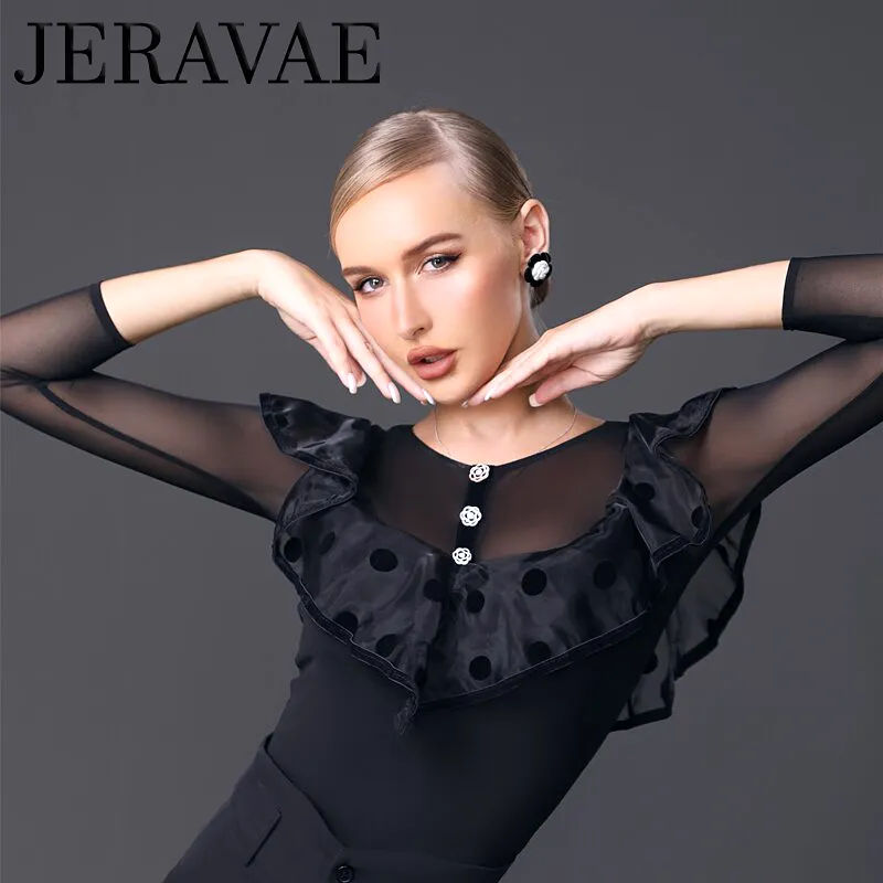 Black Bodysuit Top with Velvet Polka Dots on Large Ruffle and Illusion Neckline PRA 908_sale