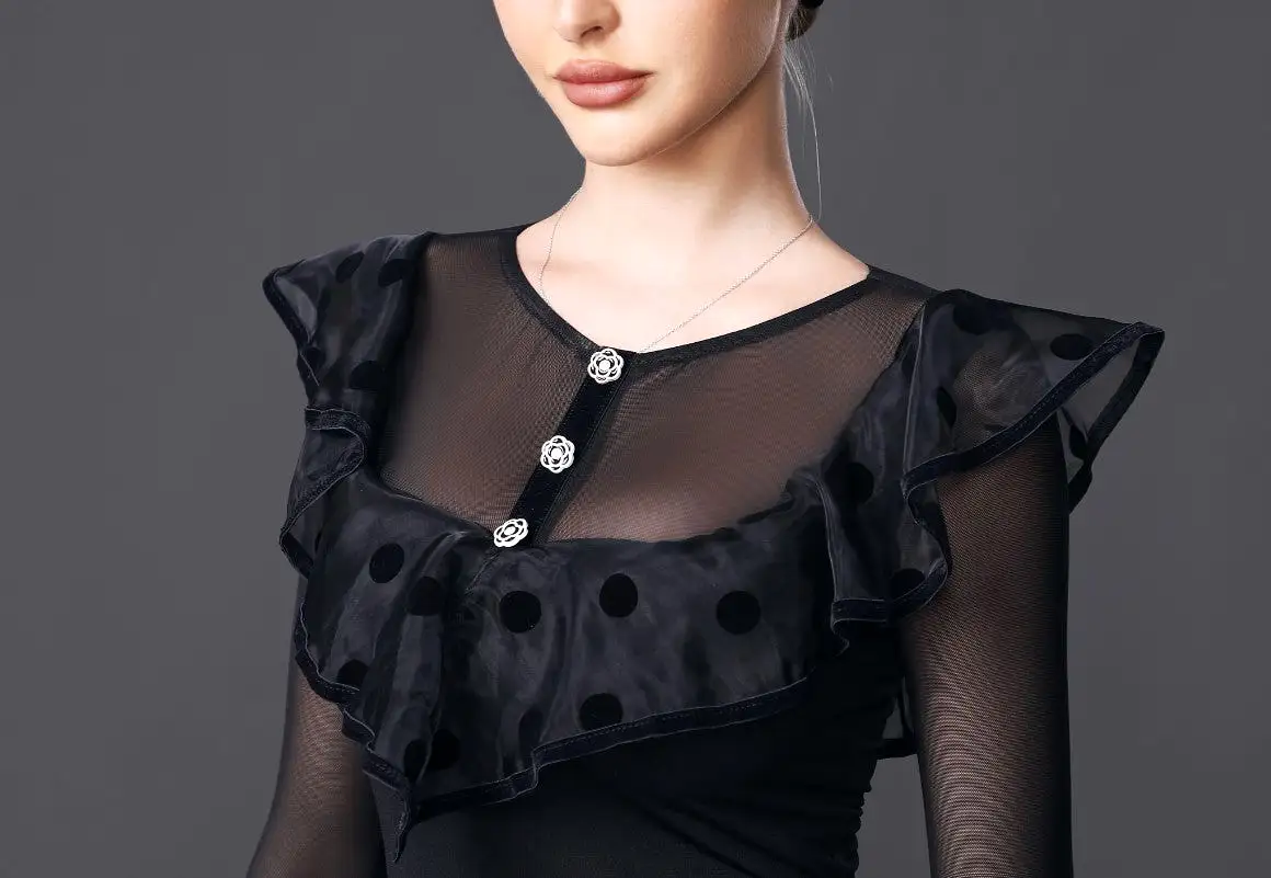 Black Bodysuit Top with Velvet Polka Dots on Large Ruffle and Illusion Neckline PRA 908_sale