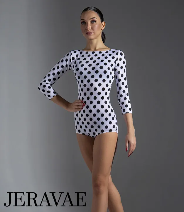 Black Bodysuit with White Polka Dots and 3/4 Length Sleeves PRA 1044 in Stock