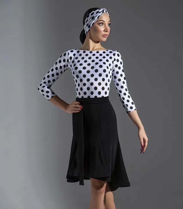 Black Bodysuit with White Polka Dots and 3/4 Length Sleeves PRA 1044 in Stock