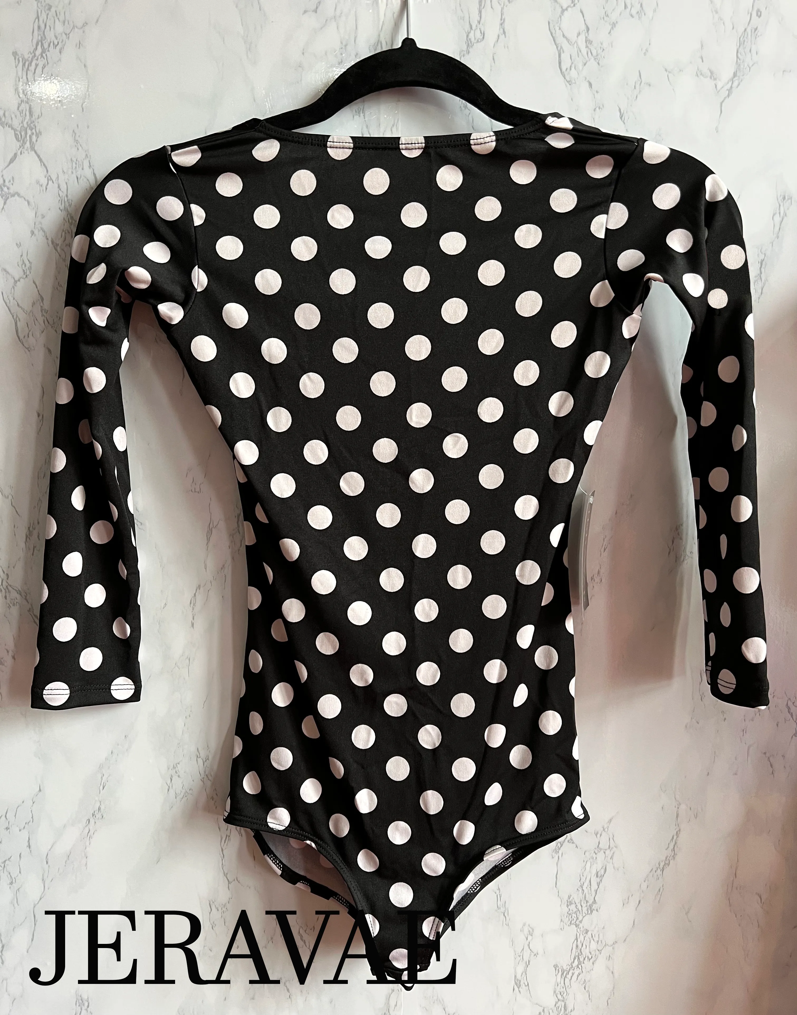 Black Bodysuit with White Polka Dots and 3/4 Length Sleeves PRA 1044 in Stock