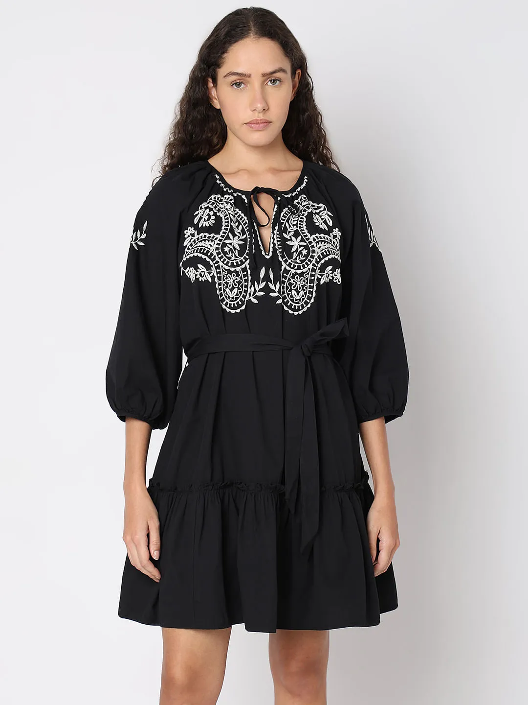 Black Contrast Embroidery Dress