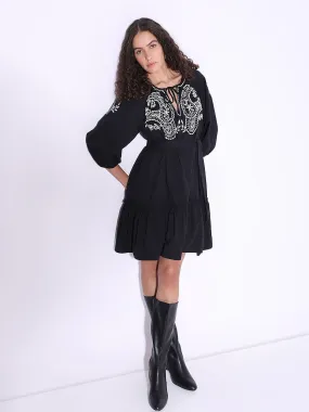 Black Contrast Embroidery Dress