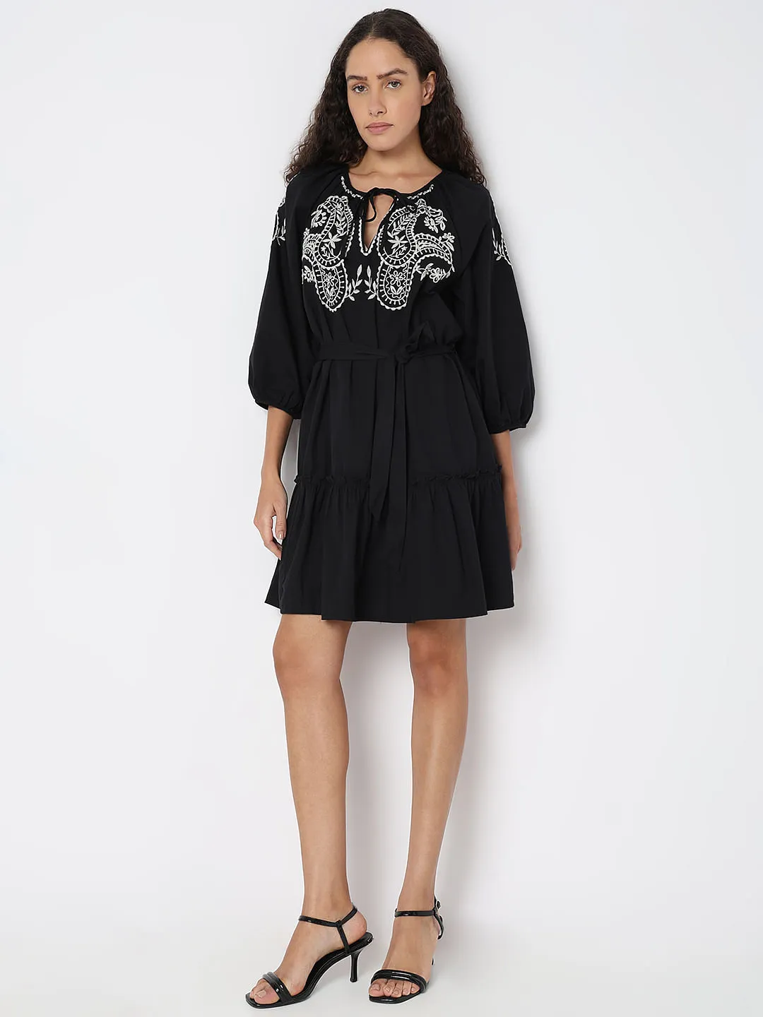 Black Contrast Embroidery Dress