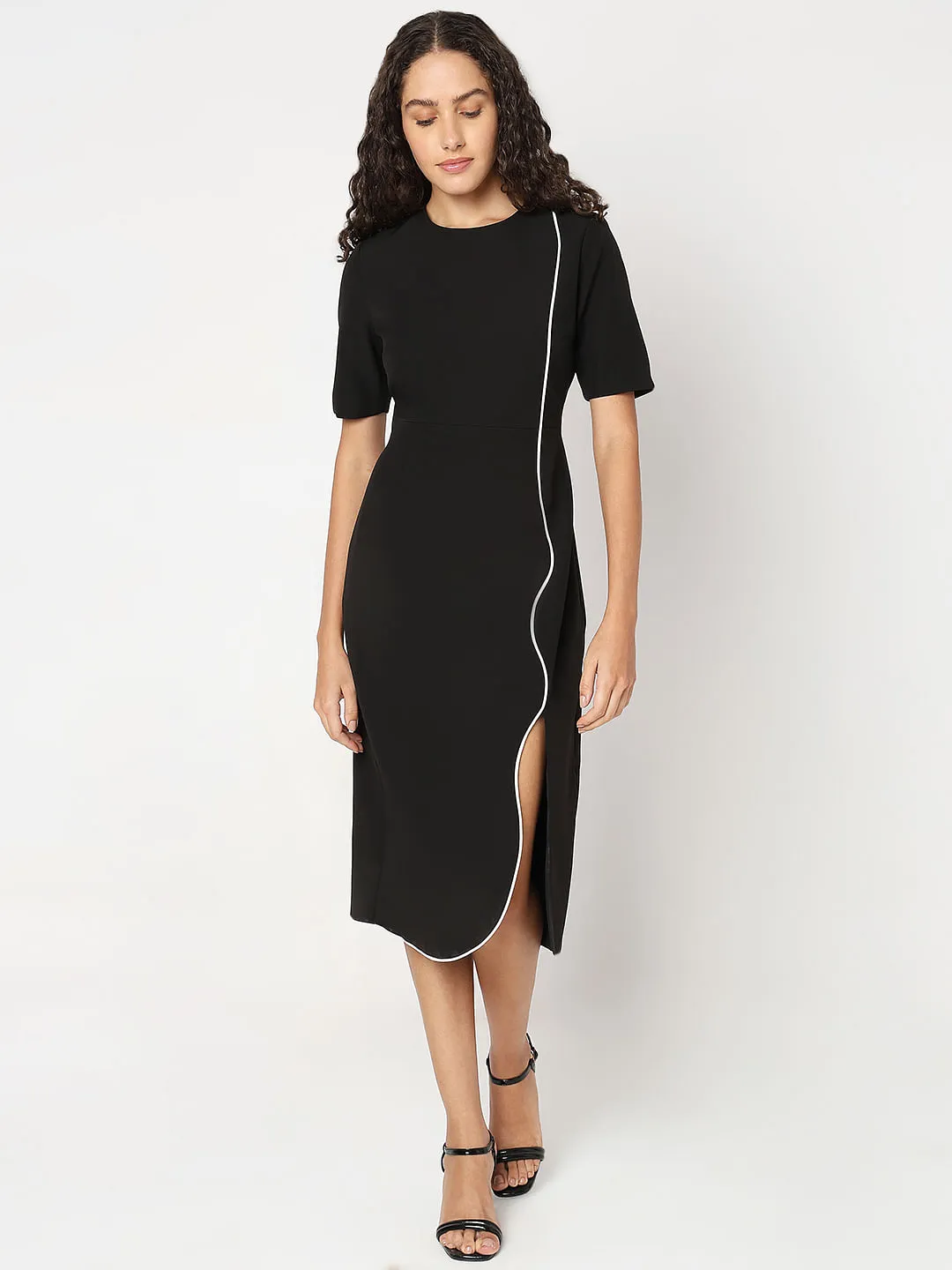 Black Contrast Pipping Midi Dress