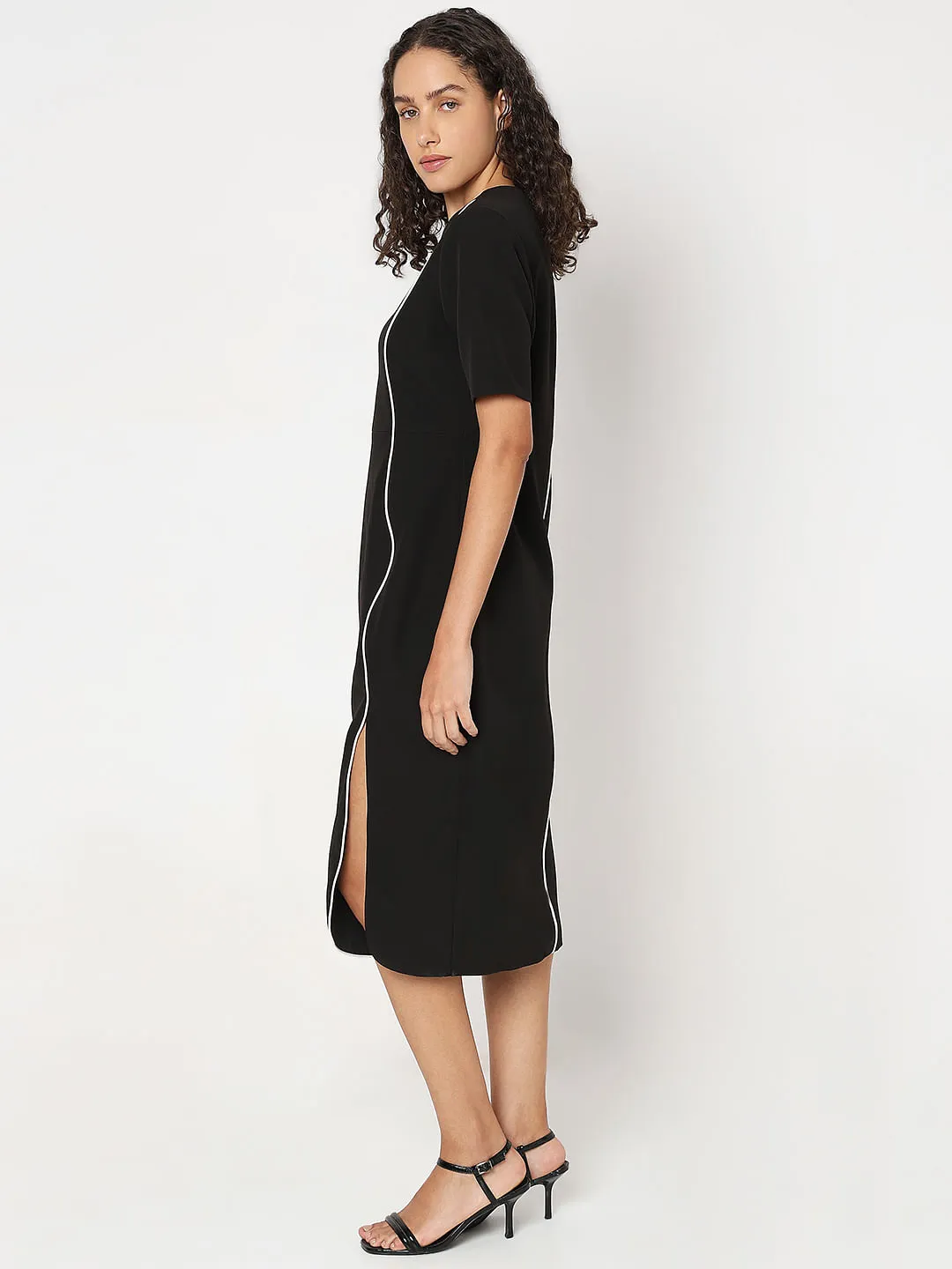 Black Contrast Pipping Midi Dress