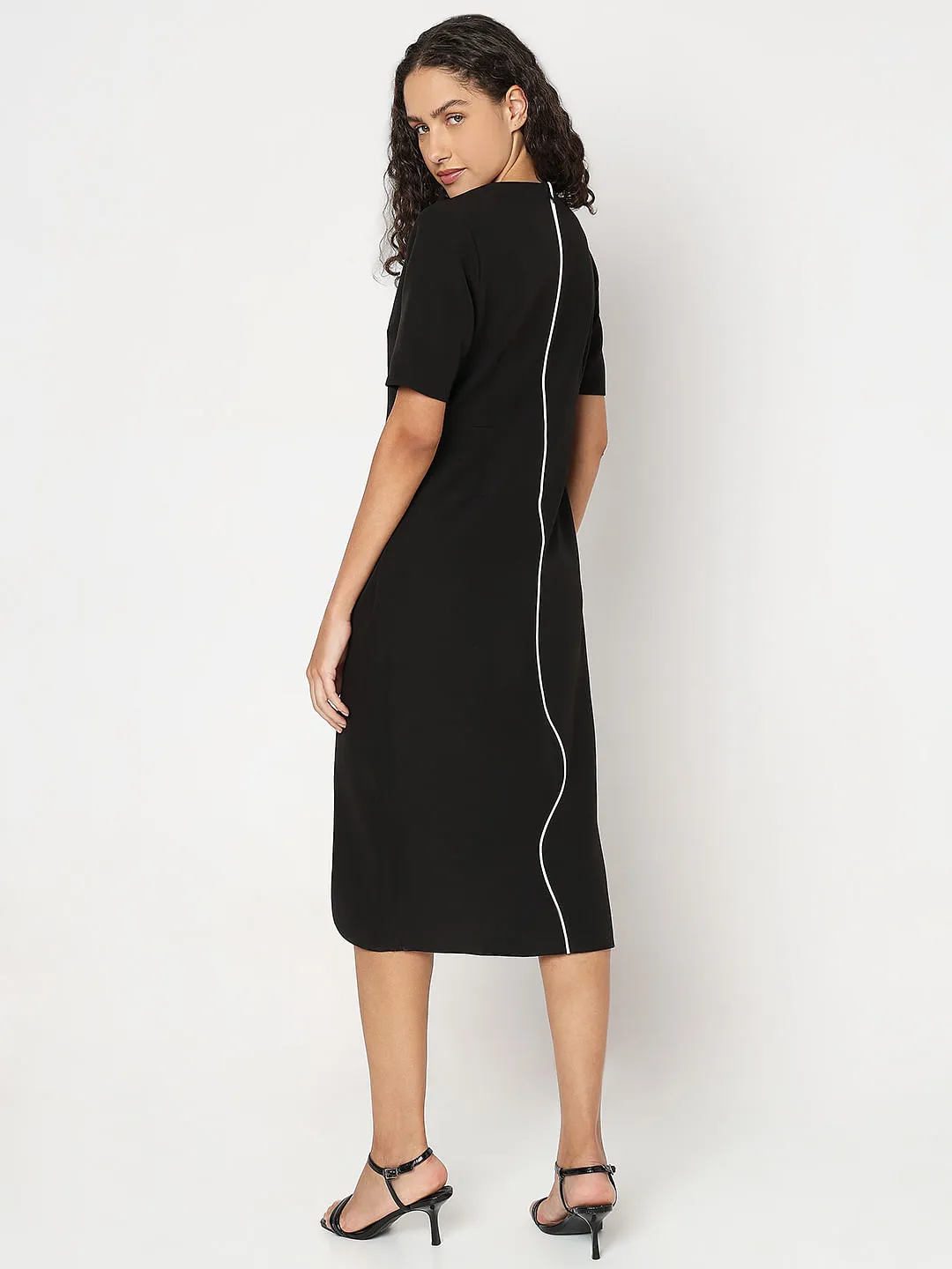 Black Contrast Pipping Midi Dress