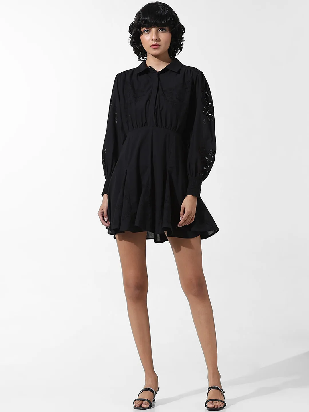 Black Embroidered Cotton Short Dress