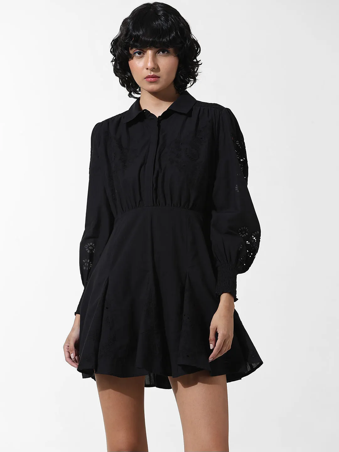 Black Embroidered Cotton Short Dress