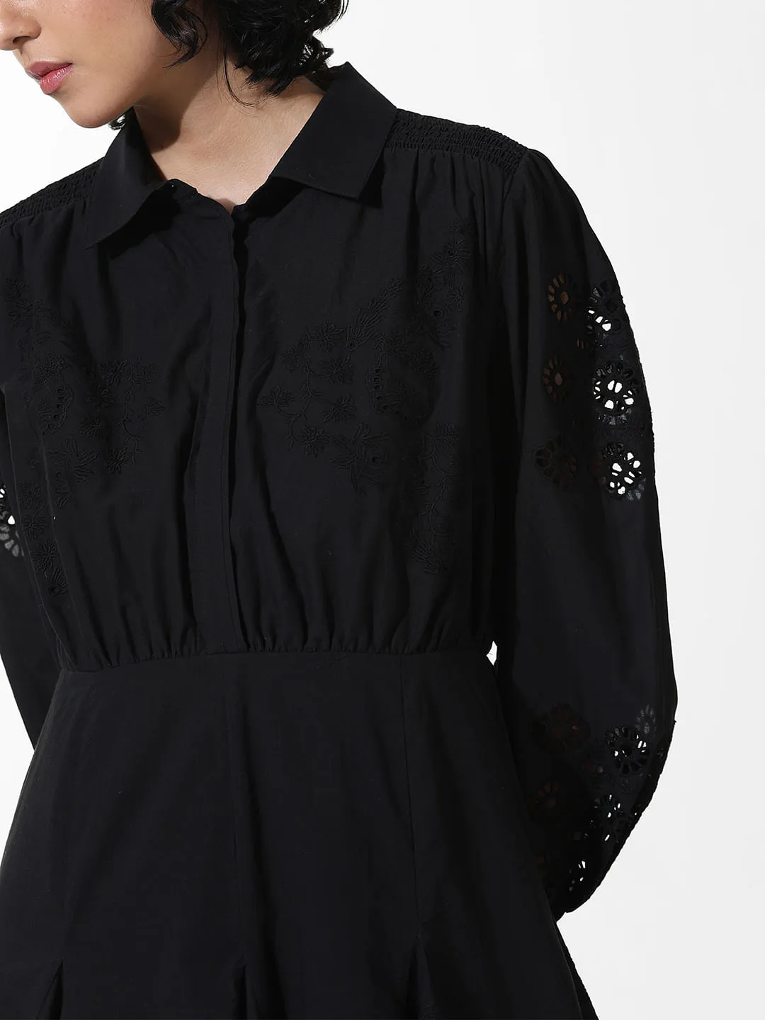 Black Embroidered Cotton Short Dress